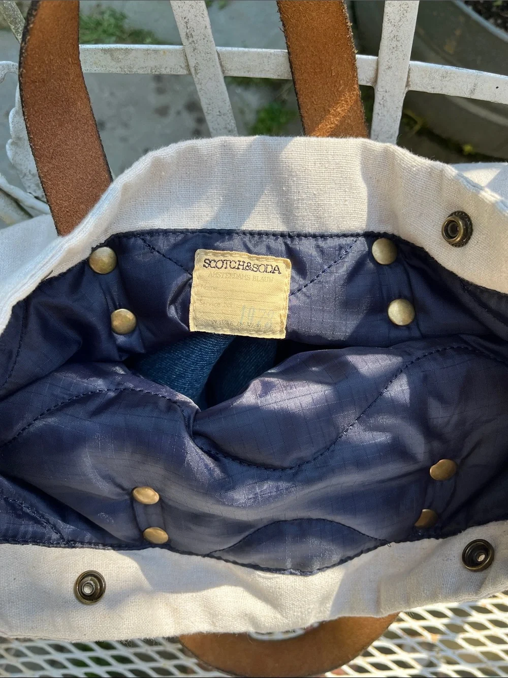 Scotch & Soda Beige Canvas Tote with Brown Leather Handles and Blue Base
